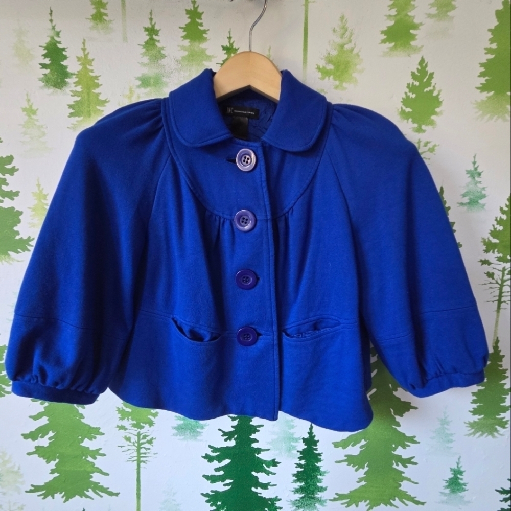 Vibrant Blue Button-Up Cropped Collar Swing Coat